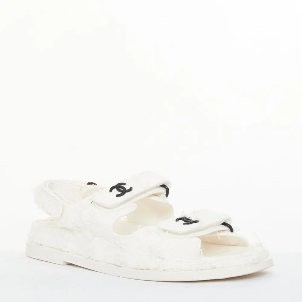 Chanel 2021 White Tweed Dad Sandals